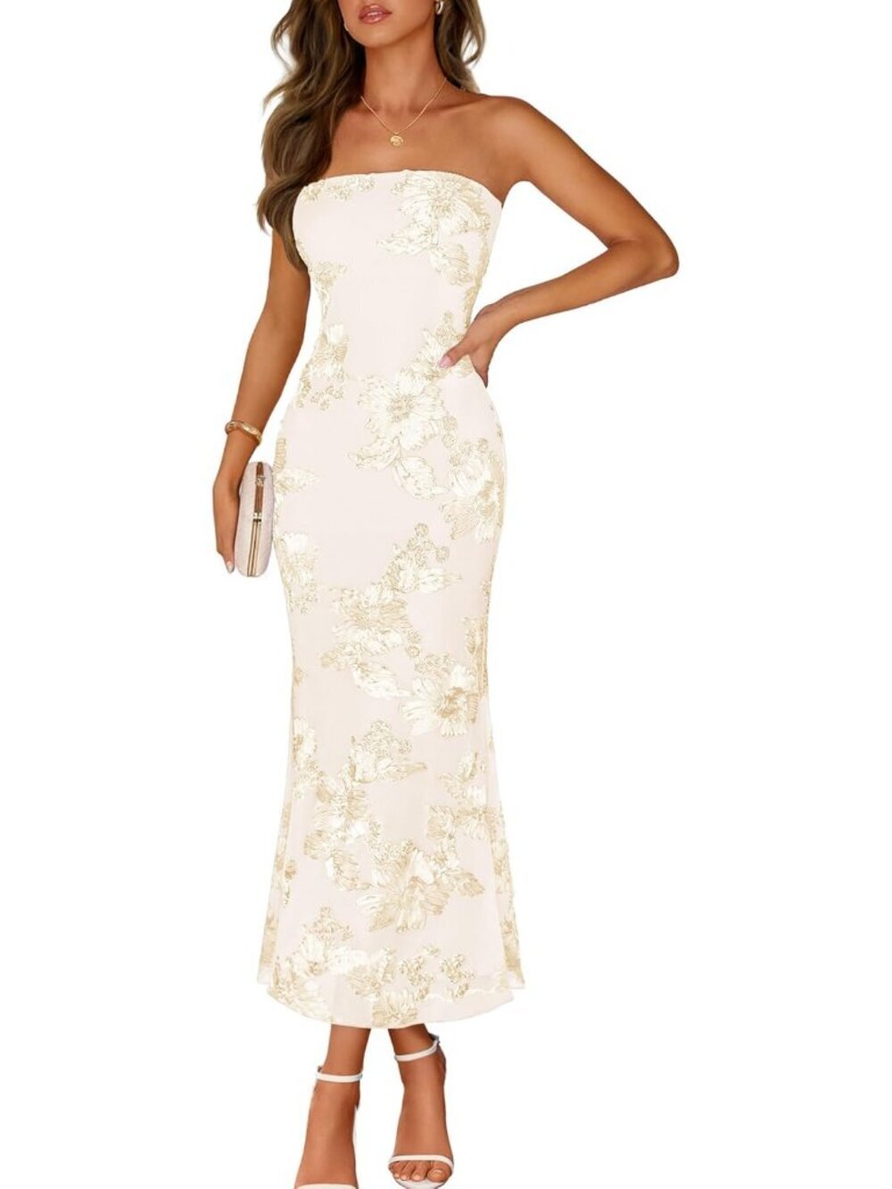 Women's Floral Strapless Maxi Dress Apricot Summer Mesh Bodycon Formal Dress